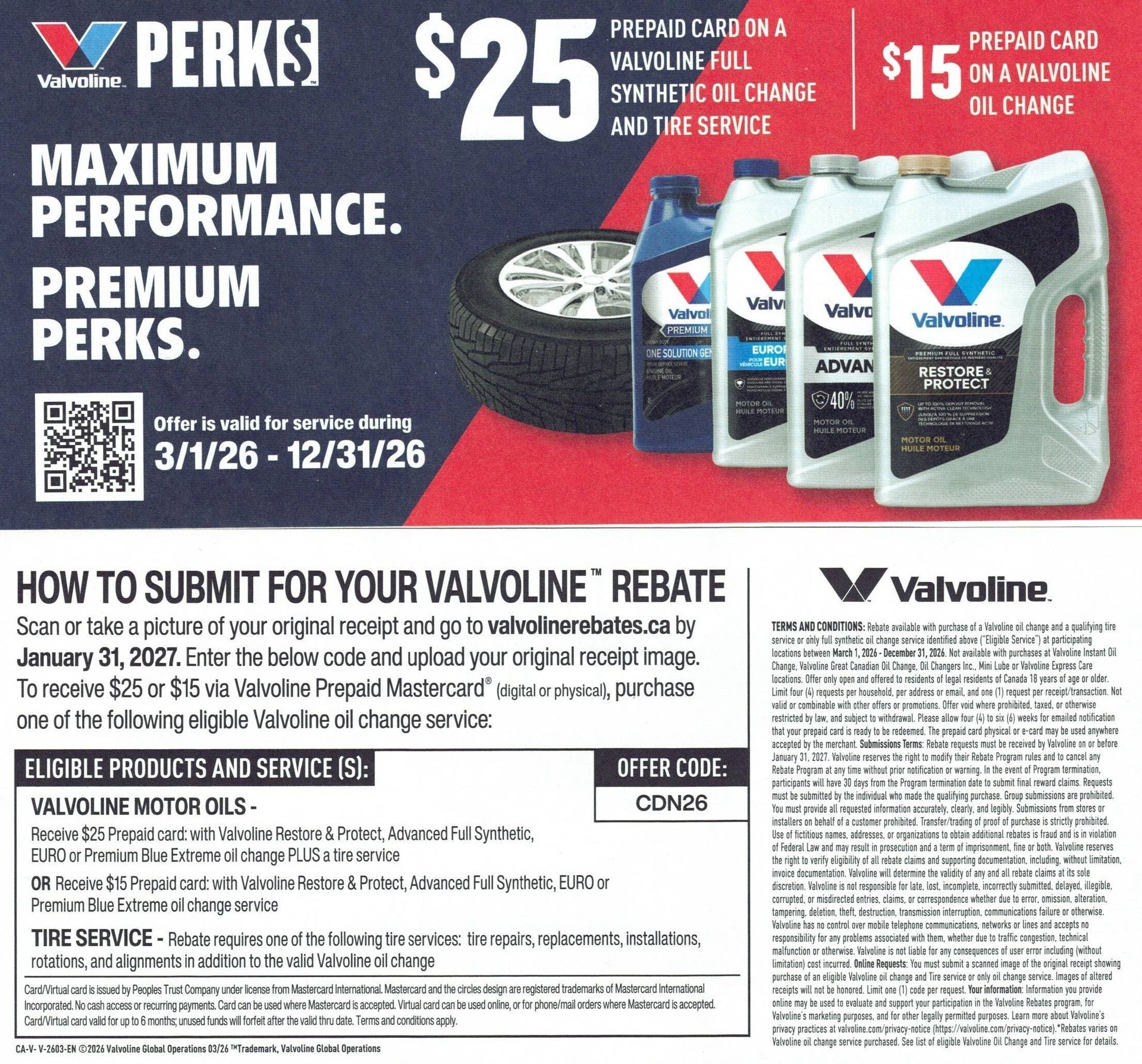 Valvoline $25 and $15 rebate ad with motor oil bottles, tires, and black, red, and white branding