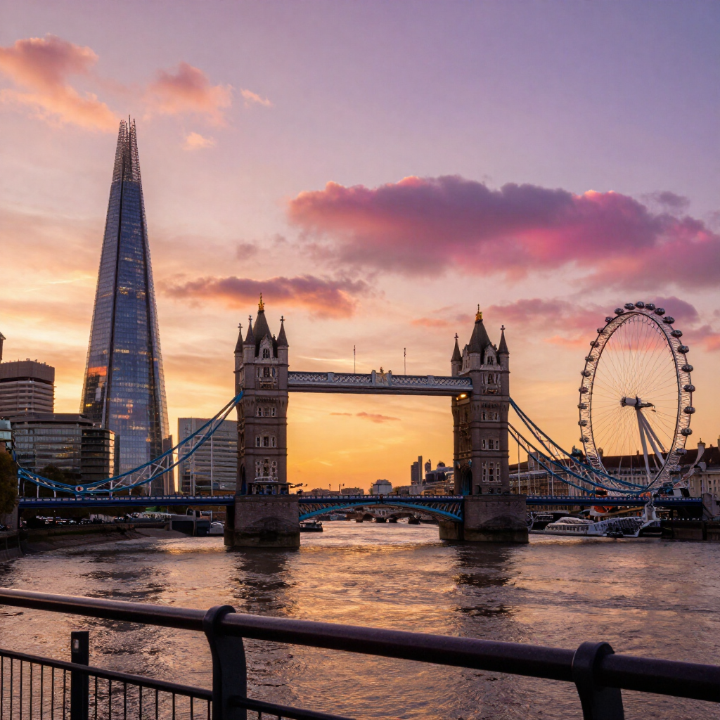 Tower Bridge and the London Eye at sunset over the Thames, with The Shard glowing in the background.