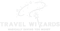 Travel Wizards logo with a wizard hat and wand above the text “TRAVEL WIZARDS” and “magically saving you money”