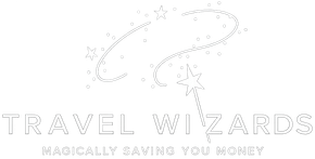 Travel Wizards logo with a wizard hat and wand above the text “TRAVEL WIZARDS” and “magically saving you money”