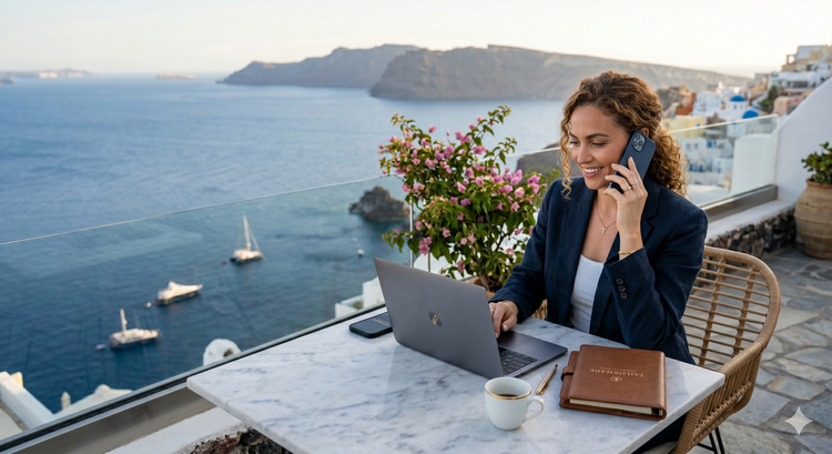 Woman working on a laptop at a seaside terrace with coffee and a notebook overlooking the ocean