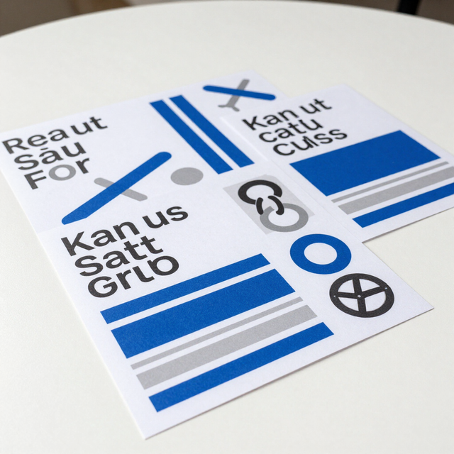 Cartelli stampati con grafica blu e grigia e testo stilizzato disposti su una superficie bianca.