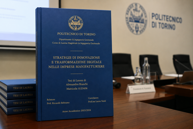 Un volume di tesi blu su un tavolo da conferenza al Politecnico di Torino, con copie impilate accanto.
