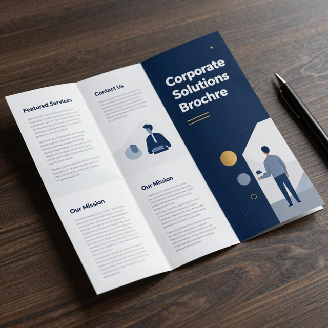 Apri la brochure sulle soluzioni aziendali con copertina blu e grafici su un tavolo di legno.