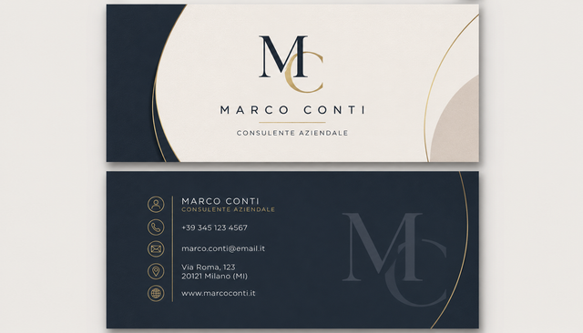 Elegante biglietto da visita in bianco e nero per Marco Conti, con monogramma e recapiti.