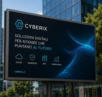Cartellone pubblicitario di Cyberix Digital Solutions con grafica tecnologica blu su una strada cittadina.