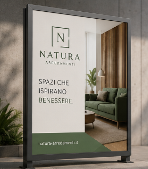 Natura Arredamenti storefront sign with green sofa and text “Spazi che ispirano benessere.”