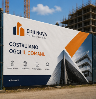 EDILNOVA construction billboard with slogan “Costruiamo oggi il domani” at a building site