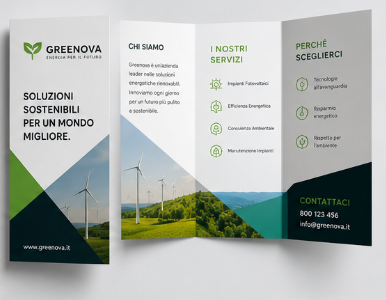 Tri-fold brochure Greenova con pannelli bianchi e verdi su energie rinnovabili e contatti.