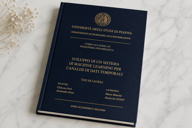 Libretto per tesi o diploma di colore blu scuro con scritte dorate su una superficie effetto marmo.