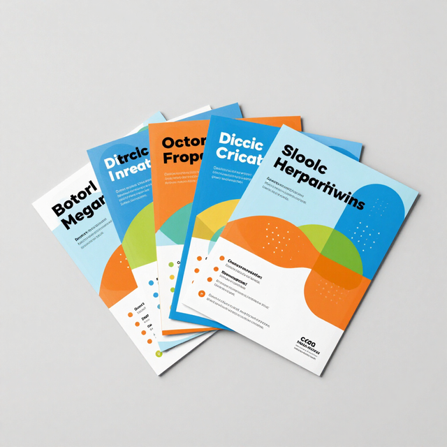 Cinque copertine di brochure colorate e sovrapposte, disposte a ventaglio su uno sfondo bianco.