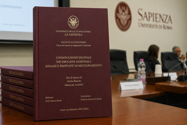 Fascicoli di tesi color bordeaux su un tavolo da conferenza con il logo della Sapienza Università di Roma sullo sfondo.