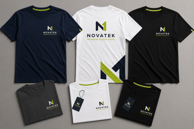 T-shirt NOVATEK assortite nei colori blu navy, bianco, nero e grigio con dettagli e logo verde neon.