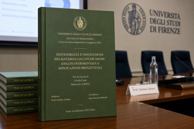 Green academic books on a desk at Università degli Studi di Firenze conference table.