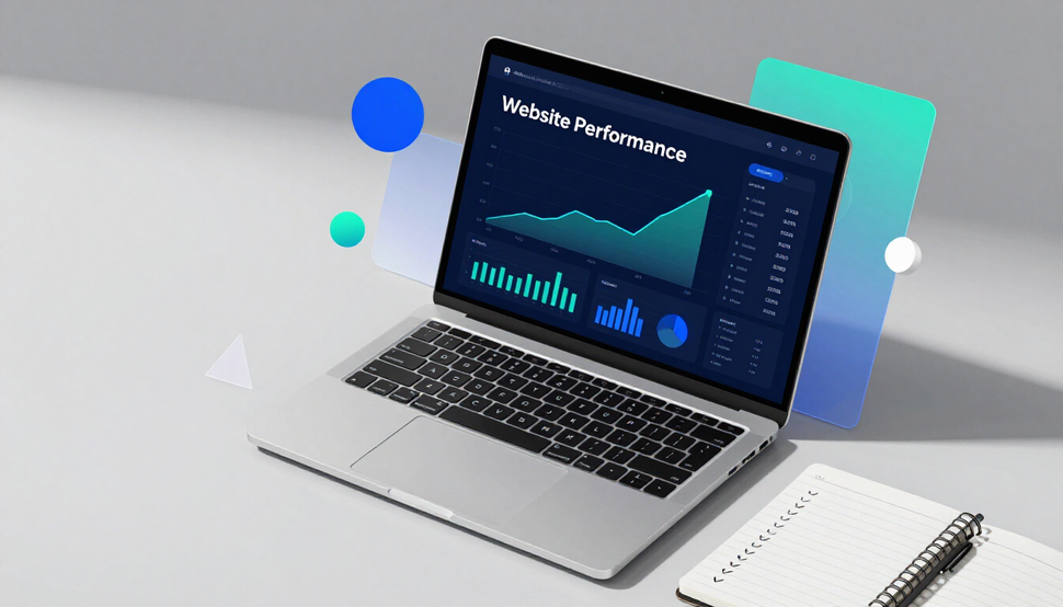 Laptop displaying a stock market chart with blue and green data on a white desk