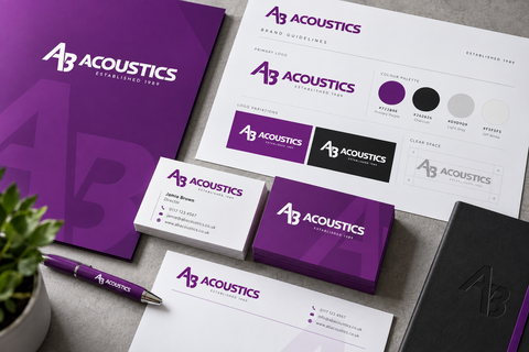 Brand style guide mockup with color palette, logo samples, sketches, and stationery layouts on a desk