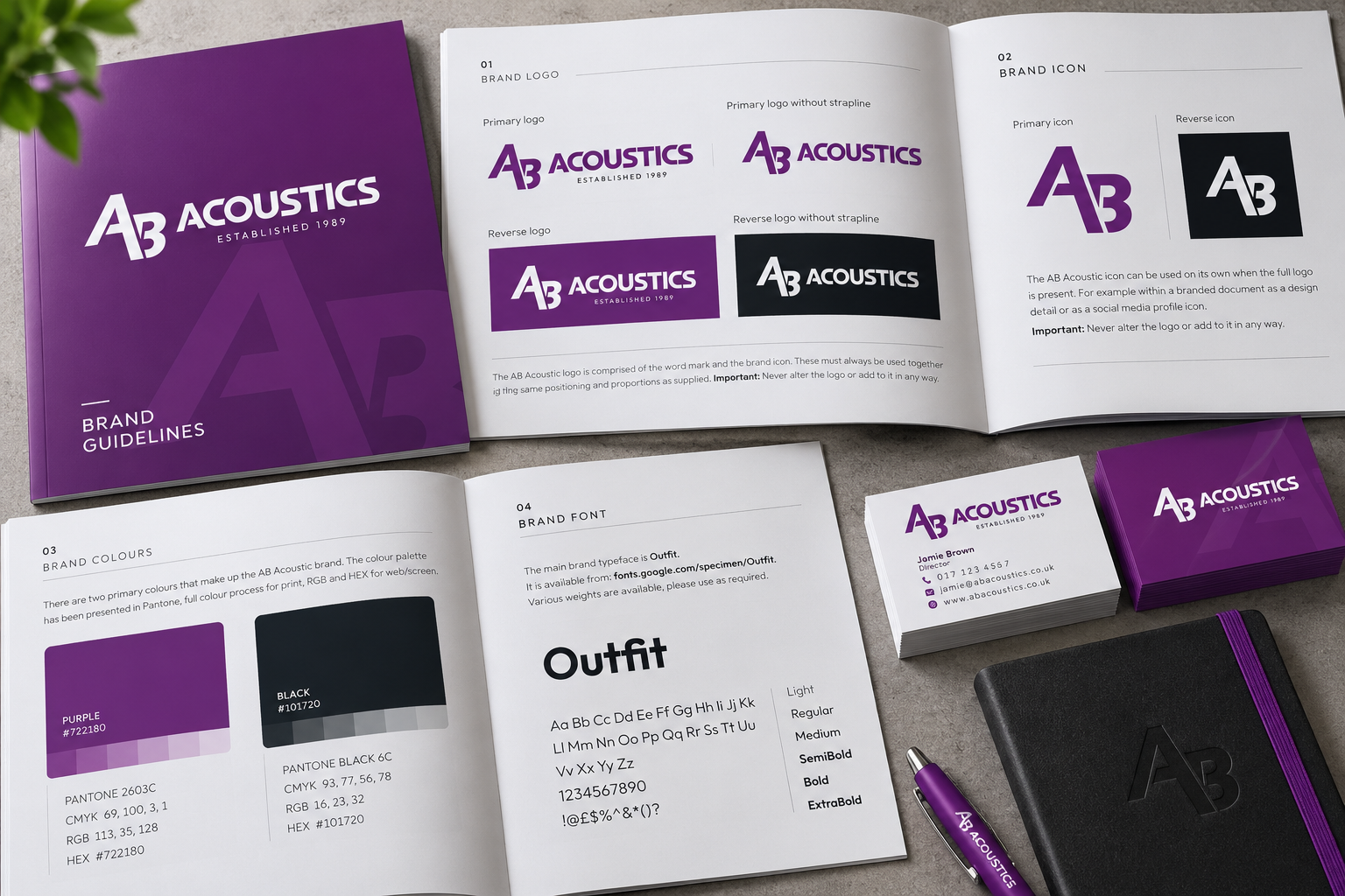 Branded teal and navy stationery mockup on a white desk, including folders, business cards, and letterheads