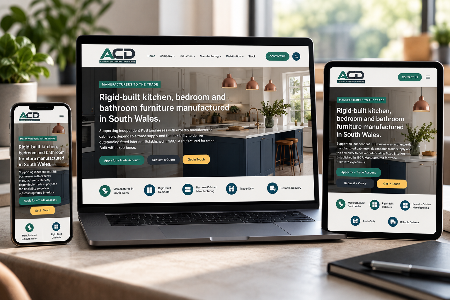 Responsive website displayed on desktop, laptop, tablet, and phone screens