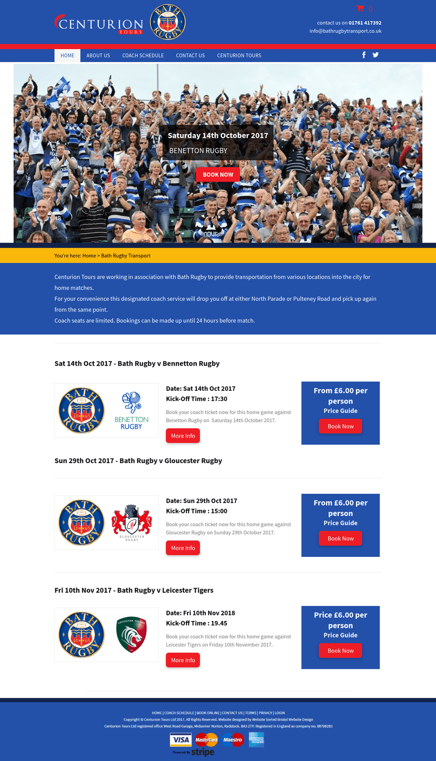 Sports club website homepage with large team photo, blue header, and match listing cards below