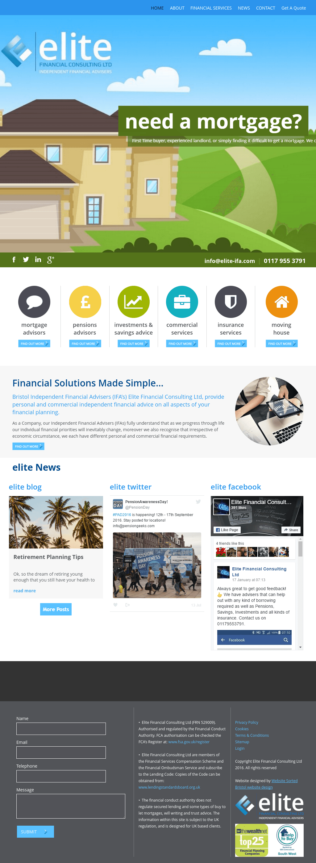 Mortgage website homepage with blue sky header, house illustration, and service icons below