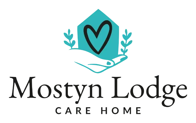 Logo for Mostyn Lodge Care Home: hand cradling a teal house with a heart, greenery. Black text on white.