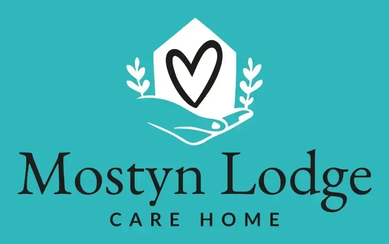 Logo for Mostyn Lodge Care Home: hand holding house shape with heart, flanked by leaves, on teal background.