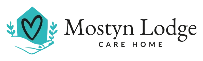 Logo for Mostyn Lodge Care Home with a teal house-shaped image including a heart and hand.