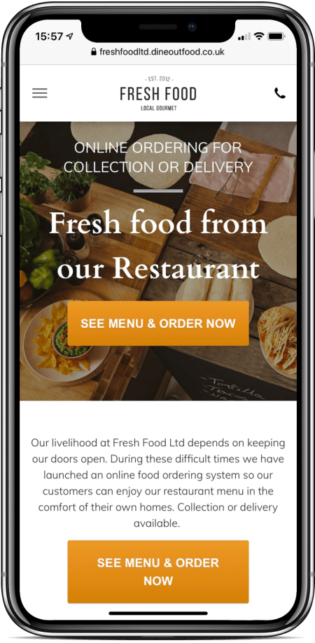 Mobile restaurant homepage with hero text and orange order buttons for online food delivery