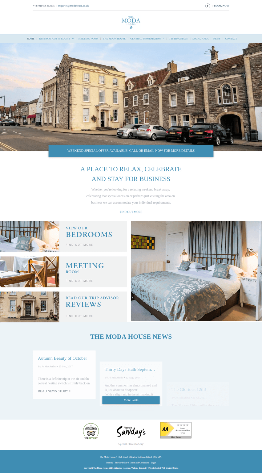 Hotel website homepage showing a historic building, room photos, and booking details