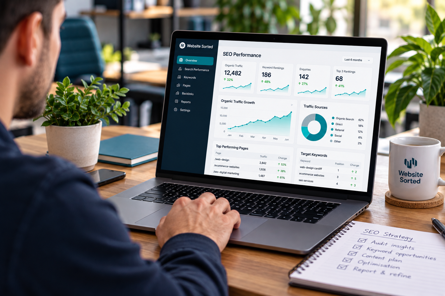 Desktop monitor showing a web analytics dashboard with green charts and graphs on a wooden desk