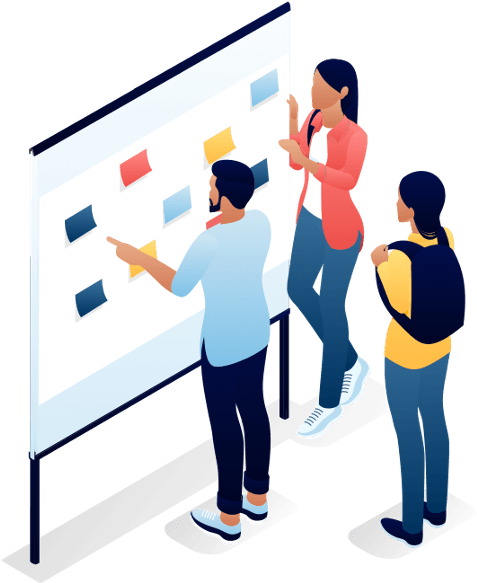 Three people placing sticky notes on a whiteboard during a meeting