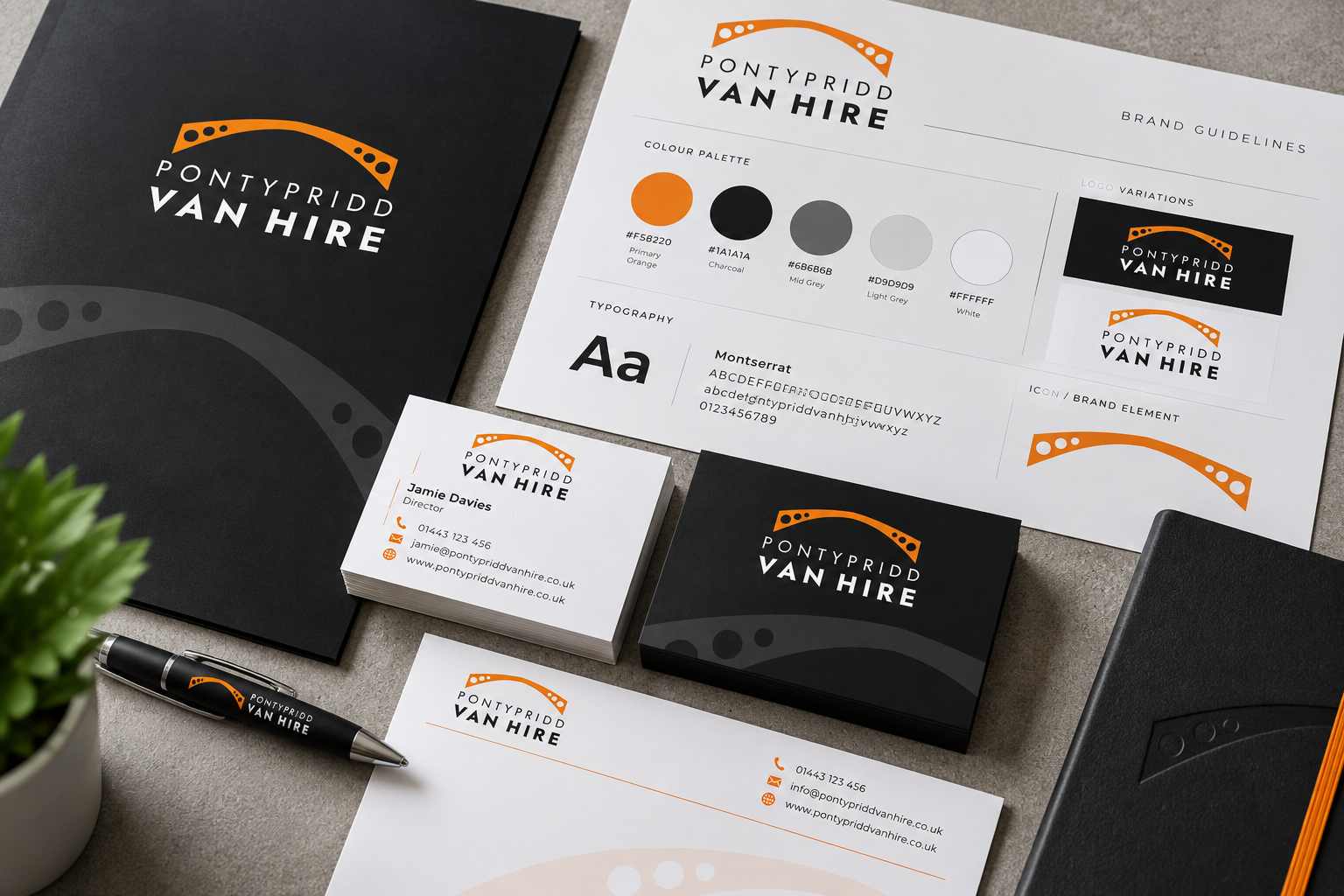 Flat lay of teal and navy branded stationery and brochure mockups on a white desk