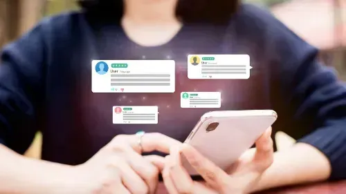 Hands holding a smartphone with floating notification cards on a blurred background