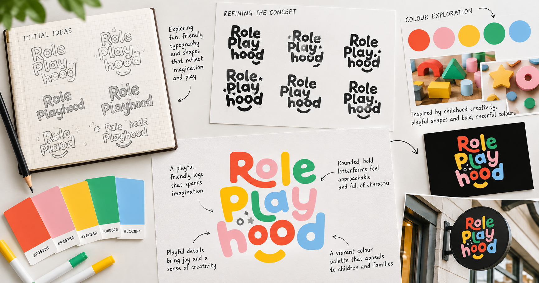 Color palette and branding mockup on a desk with teal swatches, pencils, and design sketches