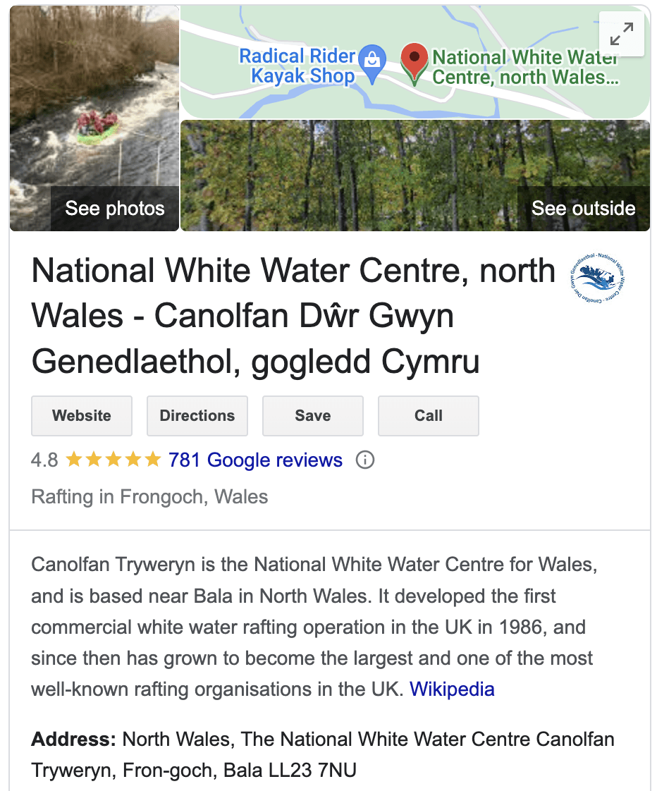 National White Water Centre, North Wales Google listing with storefront photo and rating details