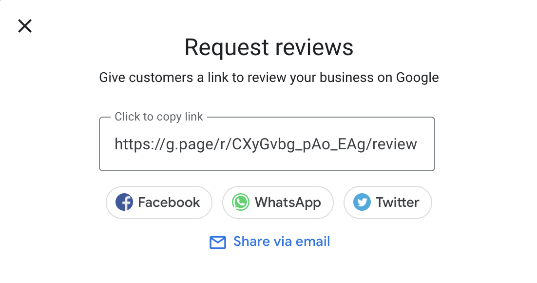 Request reviews dialog with link and share buttons for Facebook, WhatsApp, Twitter, and email