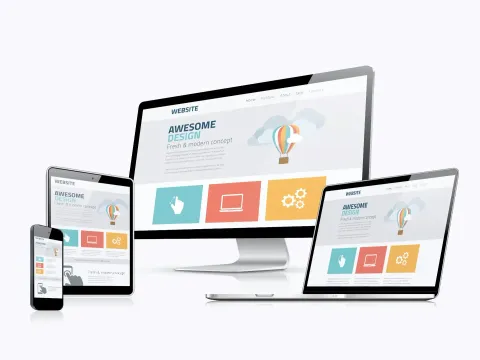 Desktop, laptop, tablet, and phone displaying a responsive website with colorful app icons