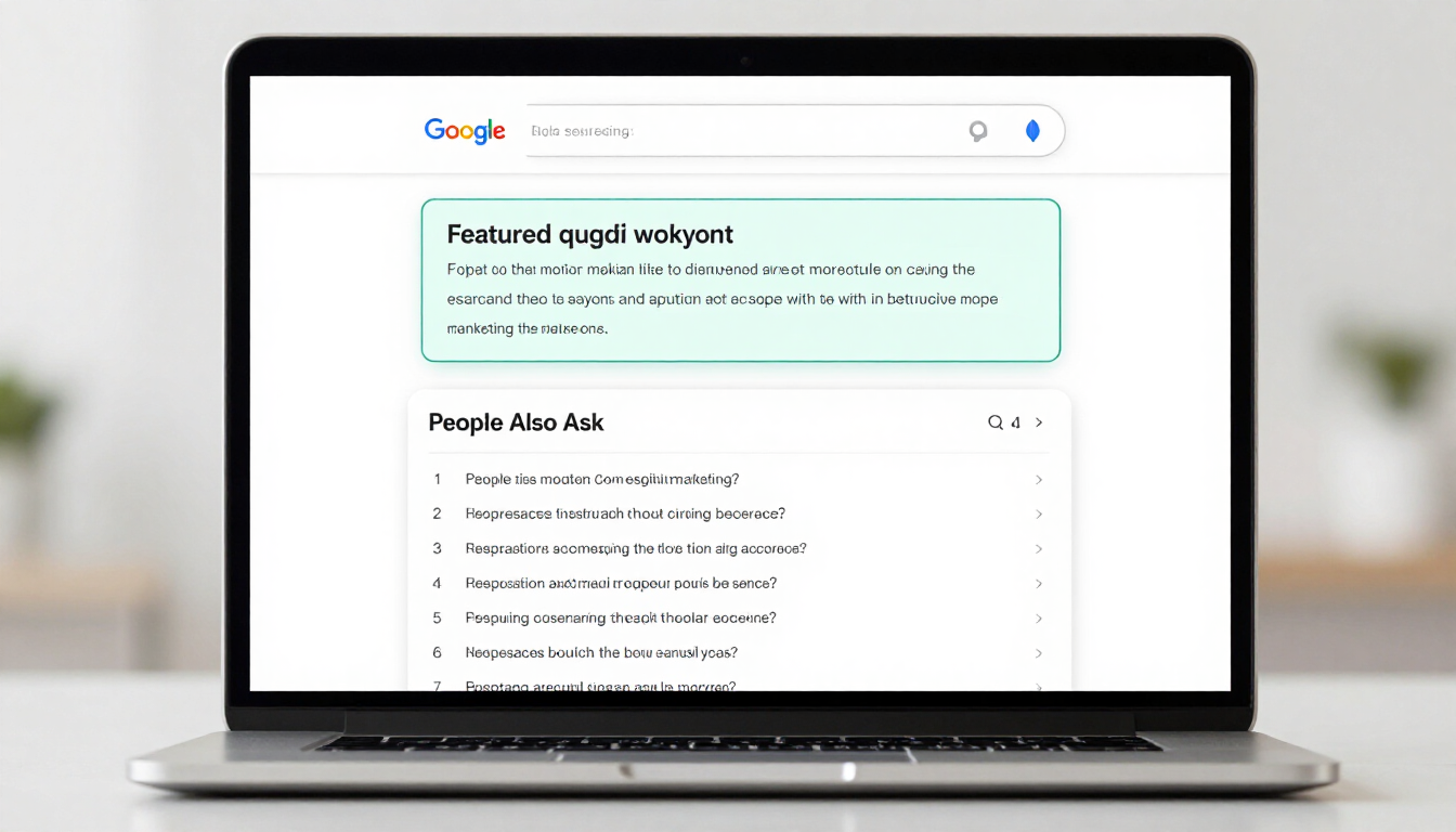 Laptop displaying a Google results page with a green Featured Snippet and “People also ask” section
