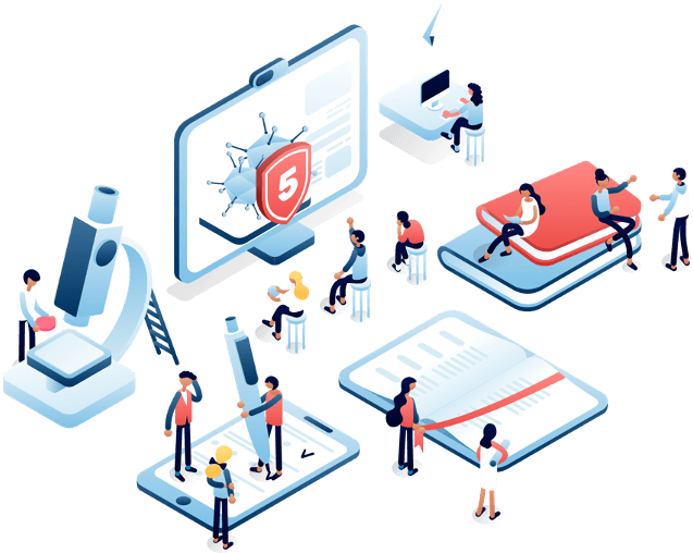 People working around a glowing browser shield icon, with devices and documents in an isometric cybersecurity scene