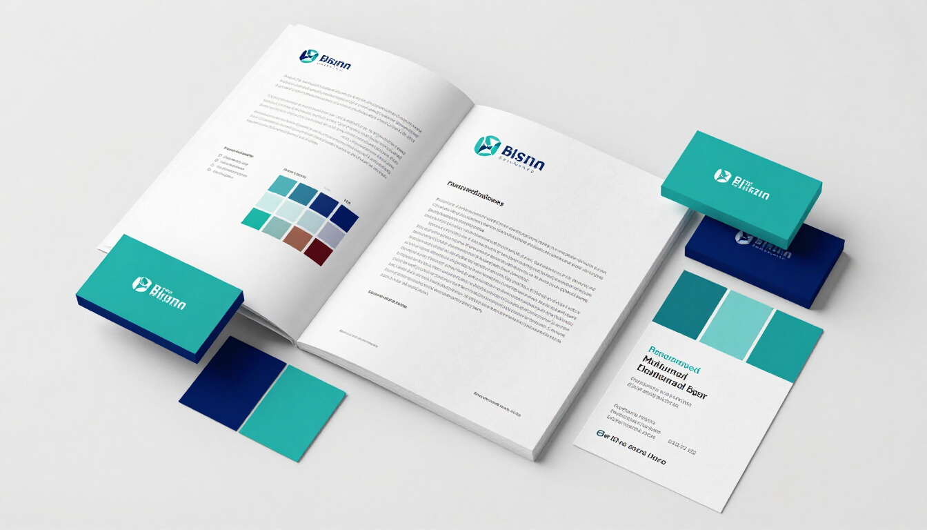 Open brochure with teal and navy branding mockups on a white background
