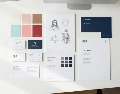 Brand style guide mockup with color palette, logo samples, sketches, and stationery layouts on a desk