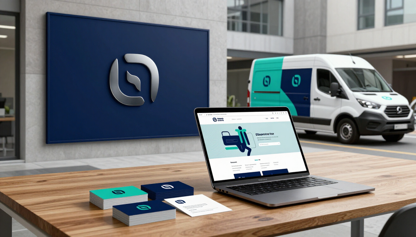 Laptop on a table displaying delivery service dashboard, with branded van and logo sign outside a modern building.