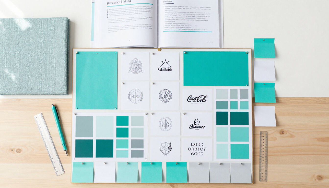 Color palette and branding mockup on a desk with teal swatches, pencils, and design sketches