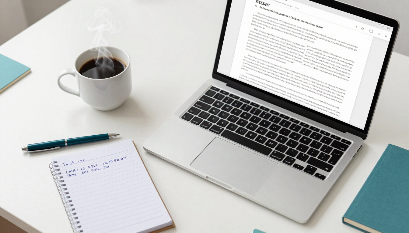 Desk with laptop, coffee mug, notebook, pen, and teal folders on a white surface.