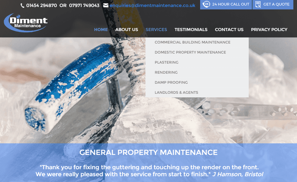 Snow-covered rooftop with worker using blue power tool under Dimet website navigation menu