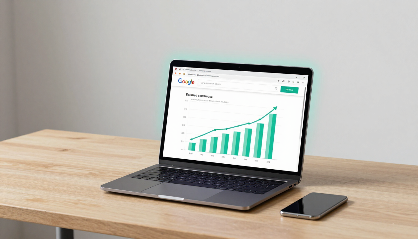 Laptop on wooden desk displaying a rising green bar chart, with a smartphone beside it.