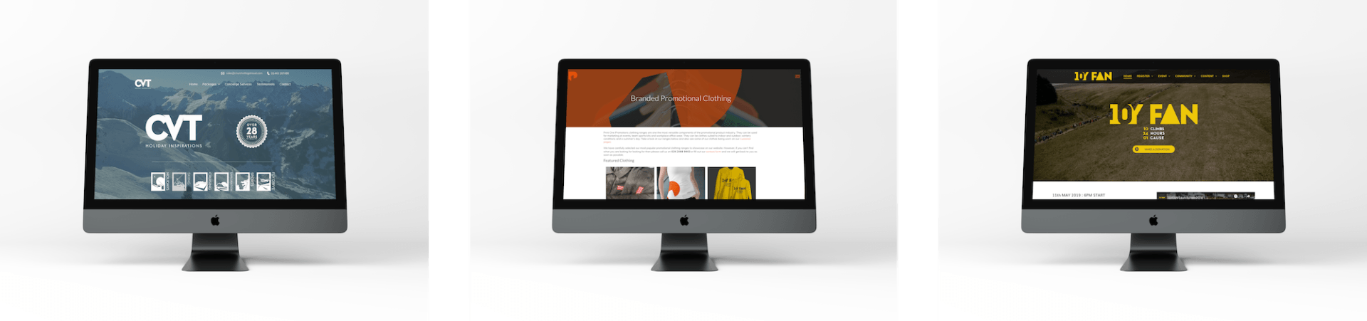 Three desktop monitors displaying different website homepage designs on a white background