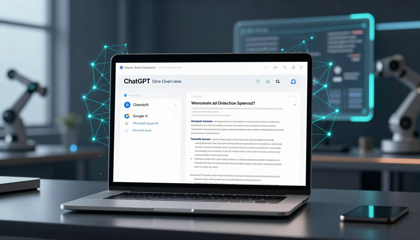 Laptop displaying ChatGPT on a desk, with a smartphone and futuristic blue interface screens in the background