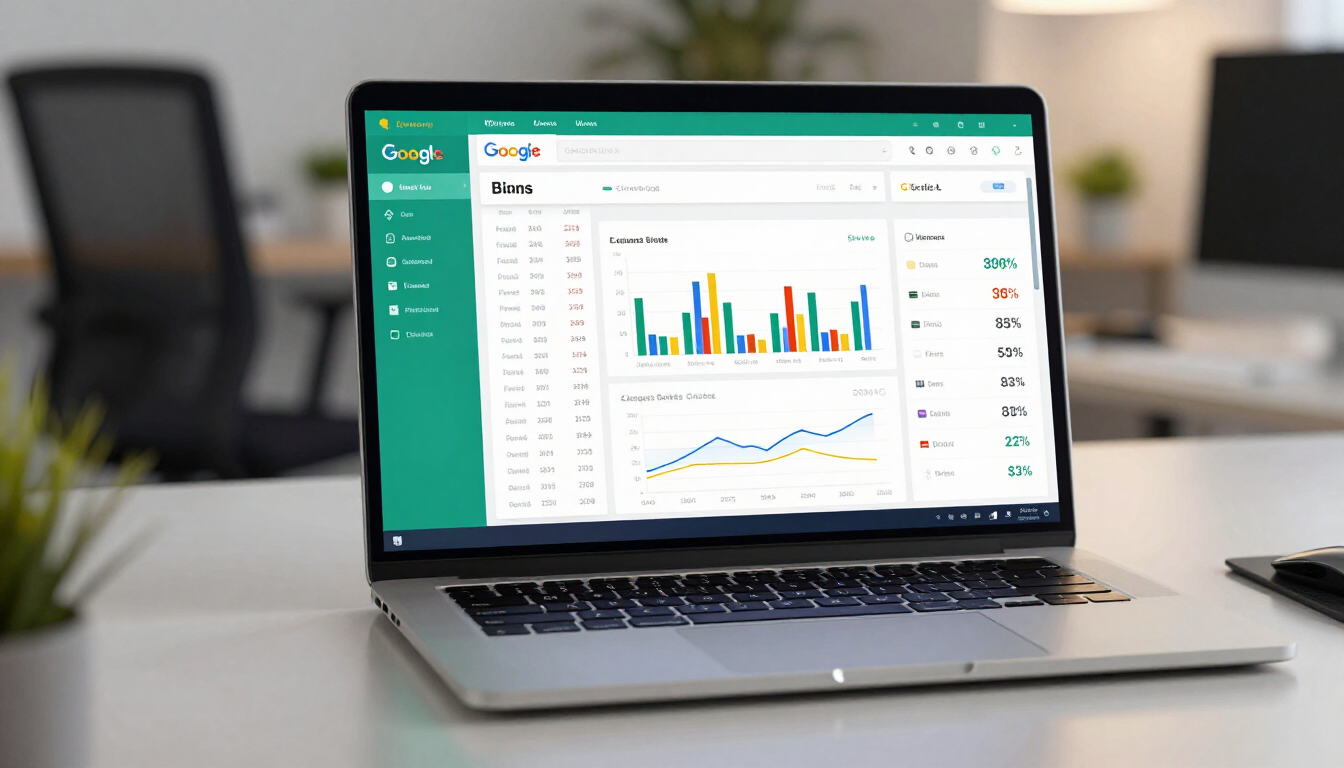 Laptop displaying analytics dashboard with colorful bar and line charts on a desk