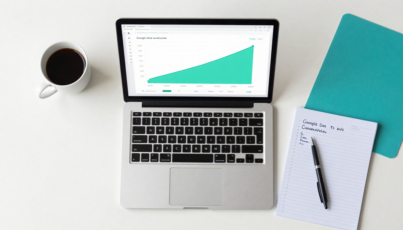 Laptop with rising green chart, coffee cup, and notepad on a white desk